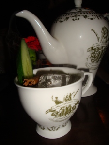 Gin cocktail in a smoking teapot - my work leaving drinks before I came to Singapore